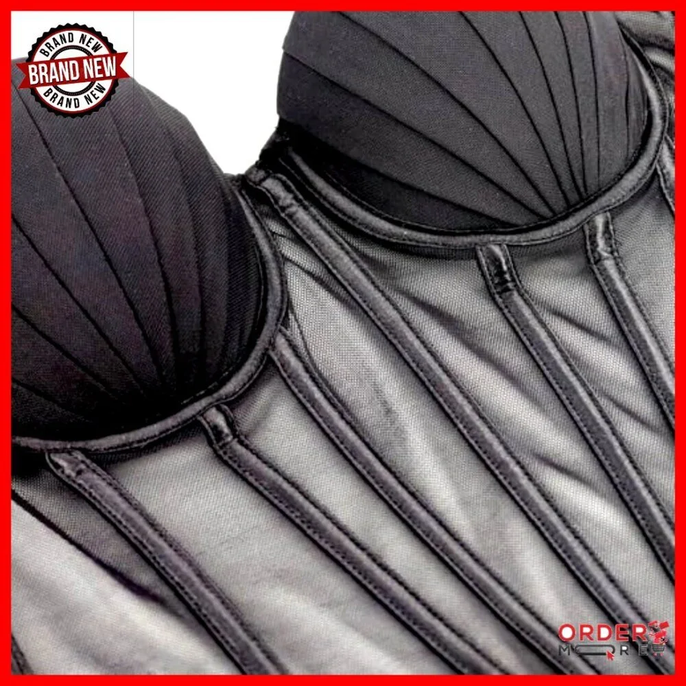 Sheer Mesh Corset Top with Pleated Cups Underwire Bustier Adjustable Straps - Picture 7 of 7